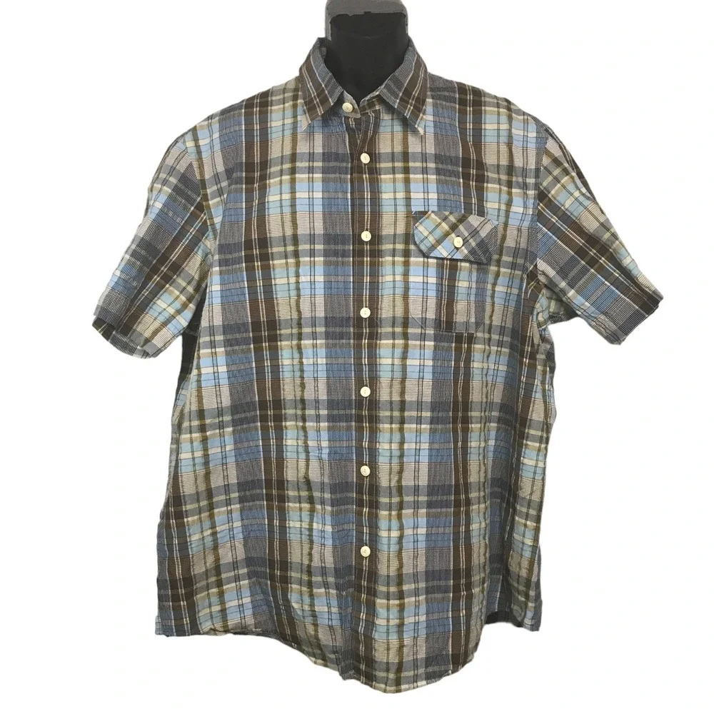 Indigo Palms Mens XXL Blue Brown Plaid SS Button Down Shirt Cotton Blend